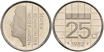 Нидерланды 25 центов 1982 Беатрикс (1980-2013) KM 204 никель UNC 4588-851