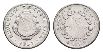 Коста-Рика 10 сентимо 1967 KM 185.1a нержавеющая сталь UNC 4644-337