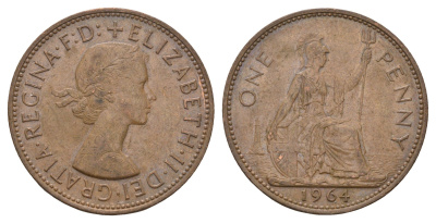 Великобритания 1 пенни 1964 Елизавета II (1952-2022) KM 897, Spink 4157 бронза 221-913
