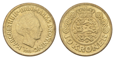 Дания 10 крон 1989 NR, Маргрете II (1972-2024) KM 867 алюминиевая бронза aUNC 119-1215