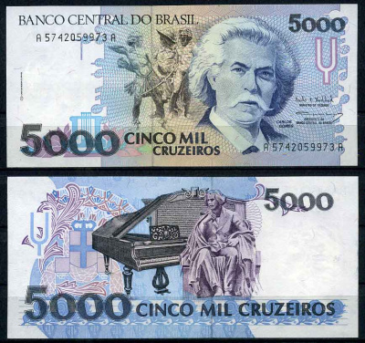 Бразилия 5000 крузейро ND (1990-1993) серия А 5742, Карлось Гомес, музыкант, рояль Pick 232 c бумага UNC (пресс)   447-16-2