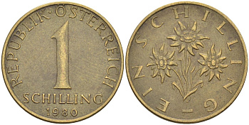 Австрия 1 шиллинг 1980 KM 2886 алюминиевая бронза 4592-1016