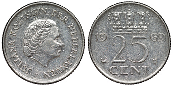 Нидерланды 25 центов 1969 Юлиана (1948-1980) KM 183 никель 71-1032