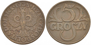 ПОЛЬША 5 ГРОШЕЙ 1938 w KM 10a бронза 4549-239