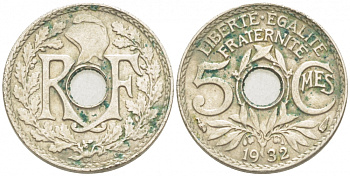 ФРАНЦИЯ 5 САНТИМОВ 1932 ТИП ЛИНДАЙЁ KM 875 медно-никель 3955-315