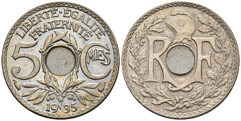 Франция 5 сантимов 1935 KM 875 медно-никель 4596-629