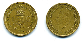 Нидерландские Антилы 1 гульден 1991 Беатрикс (1980-2013) KM 37 позолоченная сталь 25-746