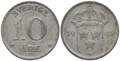 Швеция 10 эре 1941 G, Густав V (1907-1950) КМ 780 серебро 201-1055