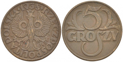 ПОЛЬША 5 ГРОШЕЙ 1938 w KM 10a бронза 4549-239