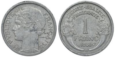 Франция 1 франк 1948 В KM 885а.2, Le Franc 221.14 алюминий 4128-326