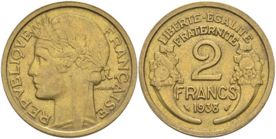 ФРАНЦИЯ 2 ФРАНКА 1938 ТИП MORLON KM 886, LE FRANC 268.11 алюминиевая бронза 3855-121