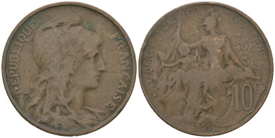 Франция 10 сантимов 1899 KM 843 бронза 221-525