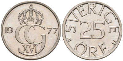 Швеция 25 эре 1977 Карл XVI Густав (1973- ) KM 851 медно-никель UNC 4585-522