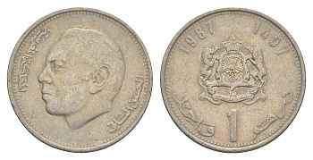 Марокко 1 дирхам 1987 АН 1407, Аль Хассан II (1962-1999) Y 88 медно-никель 4514-1017