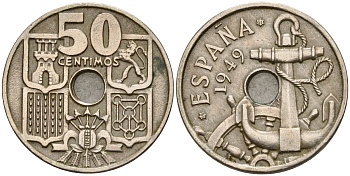 Испания 50 сентимо 1949 (51) Франсиско Франко (1939-1975), морская атрибутика KM 777  медно-никель    4153-153