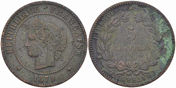 ФРАНЦИЯ 5 САНТИМОВ 1879 А, ТРЕТЬЯ РЕСПУБЛИКА (1871-1940) KM 821.1, LE FRANC 118.20 бронза 108-626