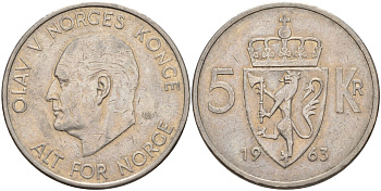 Норвегия 5 крон 1963 Улаф V (1958-1991) KM 412 медно-никель 4526-432