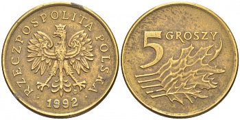 Польша 5 грошей 1992 MW KM 278 латунь 100-1223