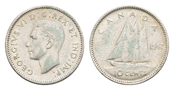 Канада 10 центов 1947 Георг VI (1936-1952), парусник KM 34 серебро 4639-551