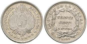 Боливия 20 сентаво 1897 KM 159.2 серебро 1530-713