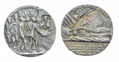 Германия медаль 1915 гибель Лузитании. Пассажиры покупают билеты у смерти. Карл Гетц. 55 мм Kienast 156 железо 00-00