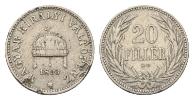 Венгрия 20 филлеров 1893 KB, Франц Иосиф I (1848-1916) KM 483 никель 4665-1037