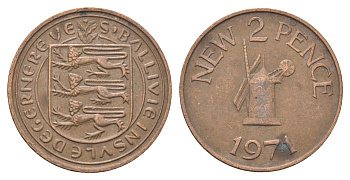Гернси 2 новых пенса 1971 Елизавета II (1952-2022), ветряная мельница KM 22 бронза 4703-1142