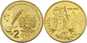 Польша 2 злотых 2005 MW, серия польские художники, Тадеуш Маковский (1882-1932) KM 541, Parchimowicz 961 латунь 4539-416