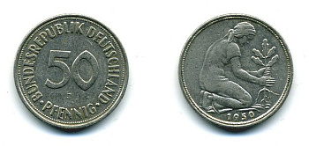 ФРГ 50 ПФЕННИГОВ 1950 J KM 109.1, J. 384 медно-никель 25-1837