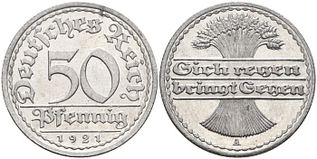 Германия 50 пфеннигов 1921 A KM 27, J.301, Weege 10 алюминий UNC 4584-833