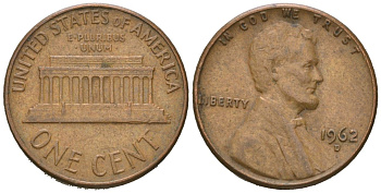 США 1 цент 1962 D, Авраам Линкольн  KM 201 медь цинк 220-842
