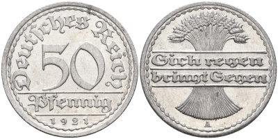 Германия 50 пфеннигов 1921 A KM 27, J.301, Weege 10 алюминий UNC 4584-833