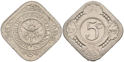 Нидерланды 5 центов 1939 Вильгельмина (1890-1948) KM 153 медно-никель 4575-847