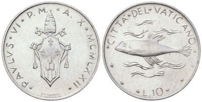 Ватикан 10 лир 1972 KM 119 алюминий UNC 4571-815