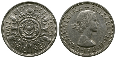 Великобритания 2 шиллинга (флорин) 1966 Елизавета II (1952-2022) KM 906, Spink 4146 медно-никель 4382-622