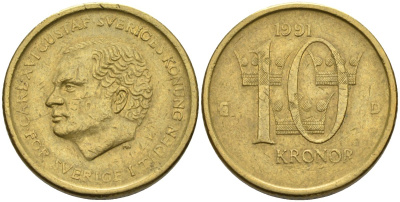 Швеция 10 крон 1991 D, Карл XVI Густав (1973- ) KM 877 медь алюминий цинк 4592-134