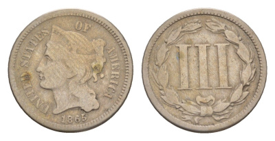 США 3 цента 1865 KM 95 медно-никель 1520-1114