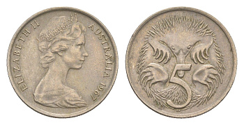 Австралия 5 центов 1967 Елизавета II (1952-2022) молодой портрет, ехидна KM 64 медно-никель 4151-338