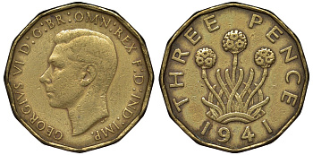 Великобритания 3 пенса 1941 Георг VI (1936-1952) KM 849, Spink 4112 никель латунь 4122-913