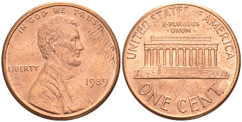 США 1 цент 1989 Линкольн KM 201b цинк плакированный медью UNC 187-712