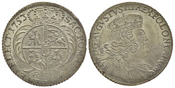 Польша 8 грошей 1753 EC, Август III (1733-1763) KM 156 (C12) серебро 00-808-08