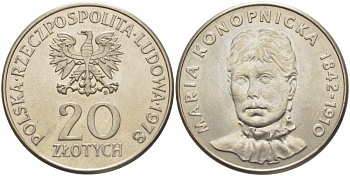 Польша 20 злотых 1978 MW, Портрет Марии Конопницкой (1842-1910) KM 95 медно-никель UNC 3856-1135