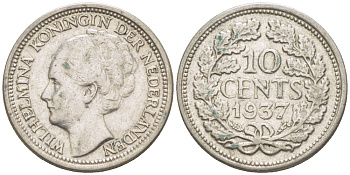 Нидерланды 10 центов 1937 Вильгельмина I (1890-1948) КМ 163 серебро 4181-1231