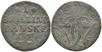 ДАНИЯ 1 СКИЛЛИНГ 1771 КМ, КРИСТИАН VII (1766-1808) KM 616 (С47) медь 83-233