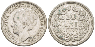 Нидерланды 10 центов 1937 Вильгельмина I (1890-1948) КМ 163 серебро 4181-1231