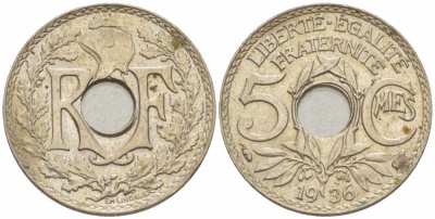 ФРАНЦИЯ 5 САНТИМОВ 1936 ТИП ЛИНДАЙЁ KM 875, LE FRANC 122.19 медно-никель 105-367