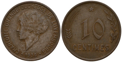 Люксембург 10 сантимов 1930 Шарлотта (1918-1964) KM 41 бронза 4577-533