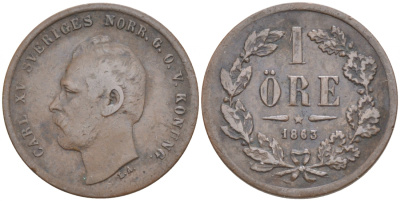 Швеция 1 эре 1863 Карл XV (1859-1872) KM 705 (490) бронза 187-161