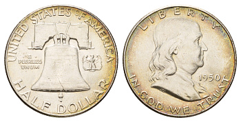 США 1/2 доллара (50 центов) 1950 Бенджамин Франклин, колокол KM 199 серебро aUNC 3711-1532