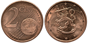 ФИНЛЯНДИЯ 2 ЕВРОЦЕНТА 2000 KM 99 сталь плакированная медью UNC 4181-454